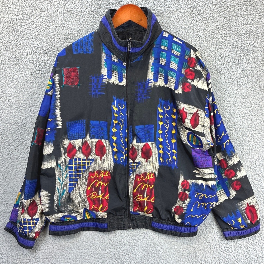 Laura Tyler Windbreaker Abstract Geometric 90s Vintage Womens Medium Black Retro